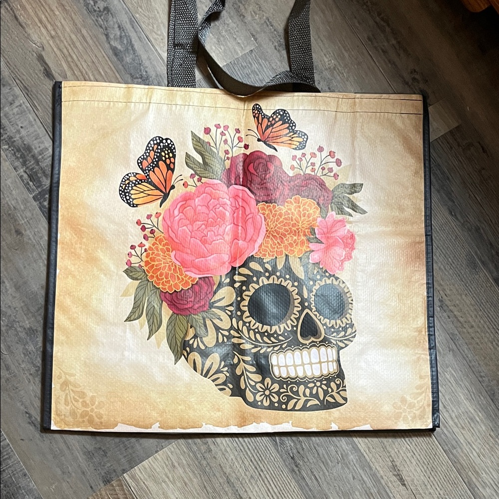 T.J.Maxx Floral Skull Tote Bag - Black and Tan - Picture 2 of 3